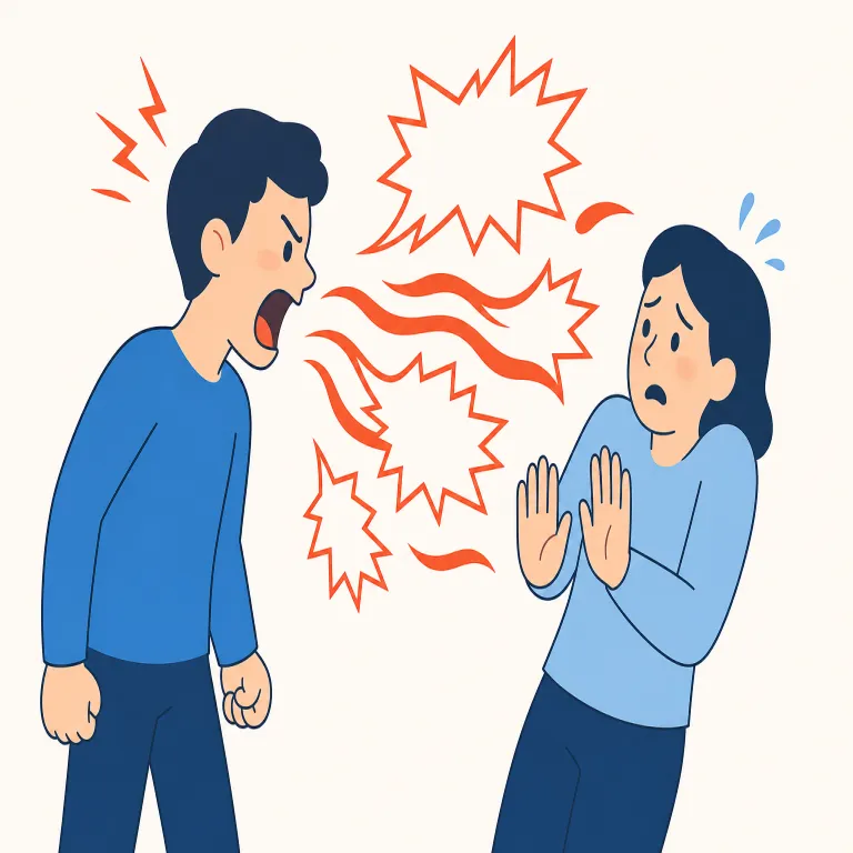 vituperate（罵倒する・動詞）の覚え方イラスト — criticize や scold よりずっと強く、insult / abuse に近い「激しくののしる」