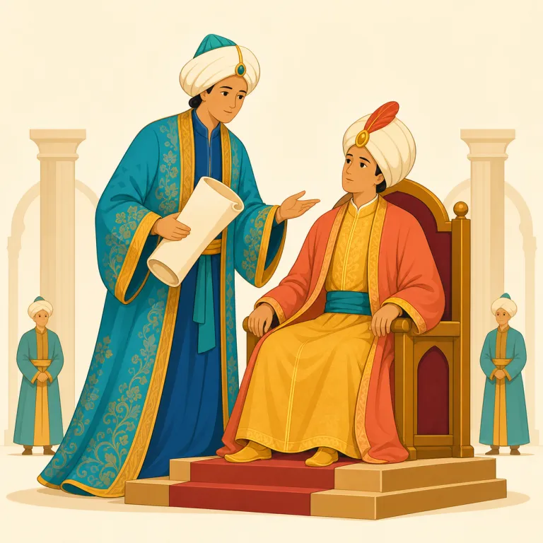 vizier（宰相・名詞）の覚え方イラスト — vizier は固有名詞のようで覚えにくいので、まず歴史物に出る『王のすぐ横で国を動かす人』という場面で固定すると残りやすいです