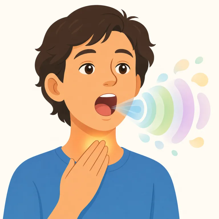 vocalize（声を出す・動詞）の覚え方イラスト — vocal が「声の」なので、vocalize はまず「声にする」と取ると覚えやすいです