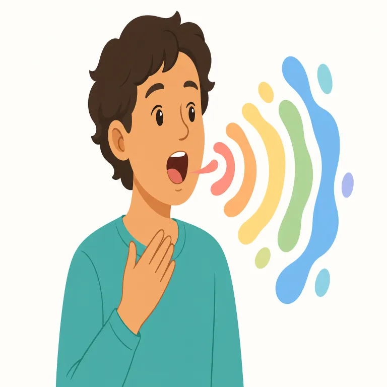vocalizing（発声する・動詞）の覚え方イラスト — このエントリの vocalizing は、言葉や考えを「声に出す」基本義ではなく、声帯や口を使って音を出す「発声する」という意味に集中して覚えます