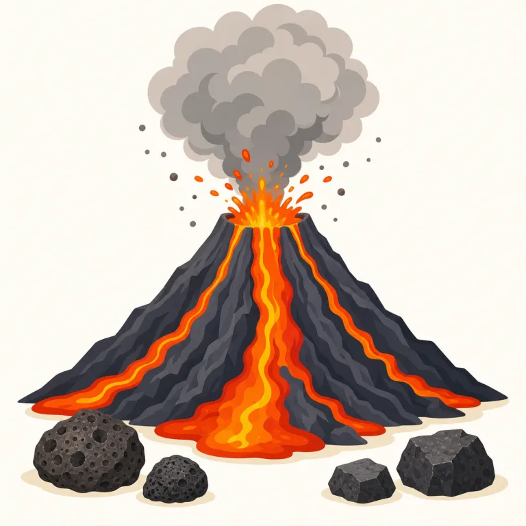 volcanic（火山の・形容詞）の覚え方イラスト — volcanic は volcano「火山」に形容詞を作る -ic が付いた語です