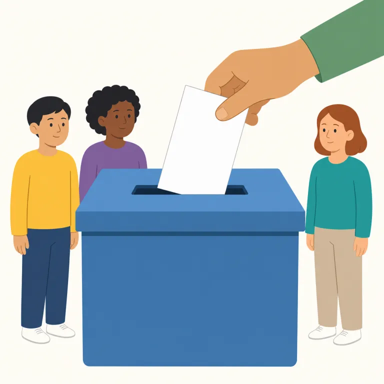 vote（投票・名詞）の覚え方イラスト — 名詞の vote は、箱に入った一枚の票だけでなく、票数として数えられる意思そのものを思い浮かべると覚えやすい語です