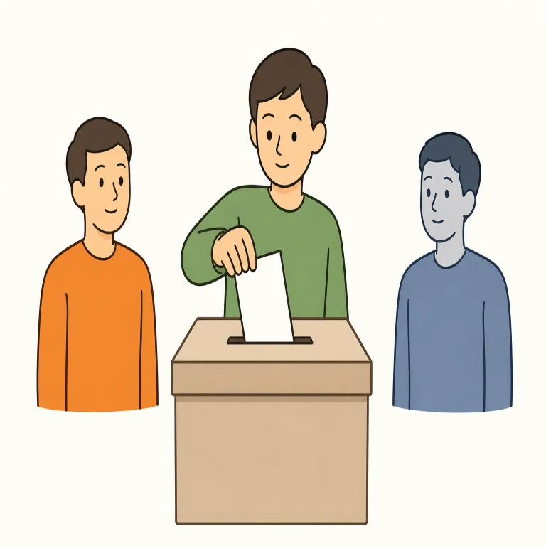 vote for（〜に投票する・句動詞）の覚え方イラスト — vote for は、選挙や会議で候補者・案に実際に票を入れる動作を表します