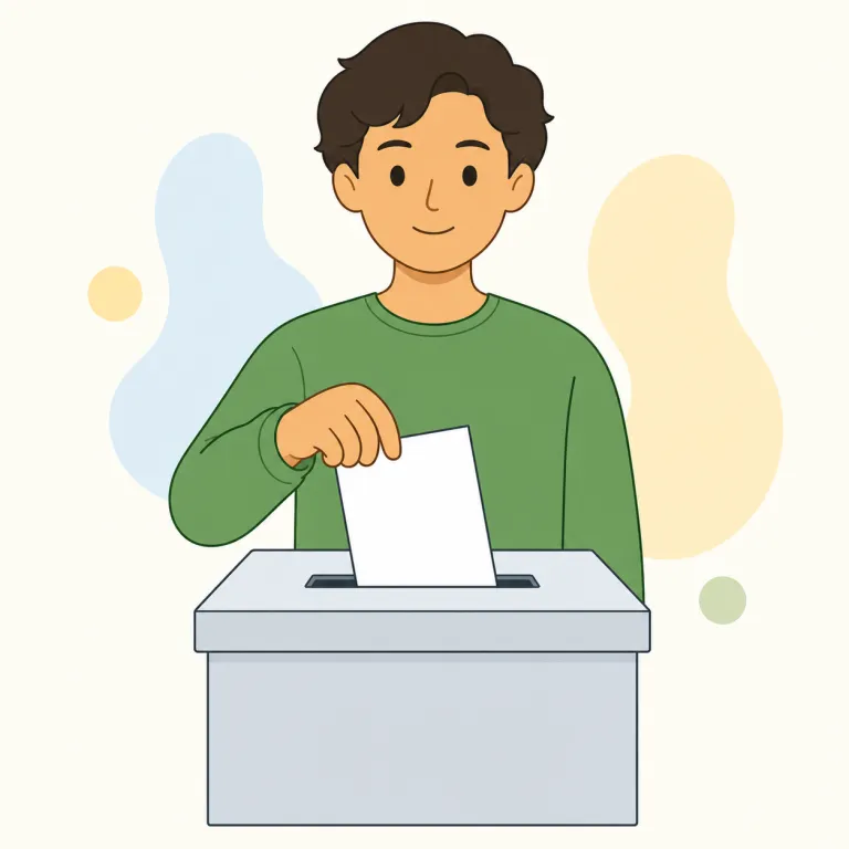 voter（有権者・名詞）の覚え方イラスト — この意味の voter は、単に「票を入れた人」ではなく、選挙で投票する資格を持つ「有権者」を指します