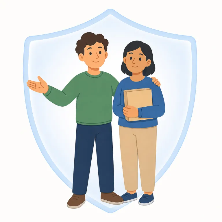 vouch（保証する・動詞）の覚え方イラスト — vouch は「自分の信用を前に出して、その人・話は大丈夫だと言う」とまとめると覚えやすいです