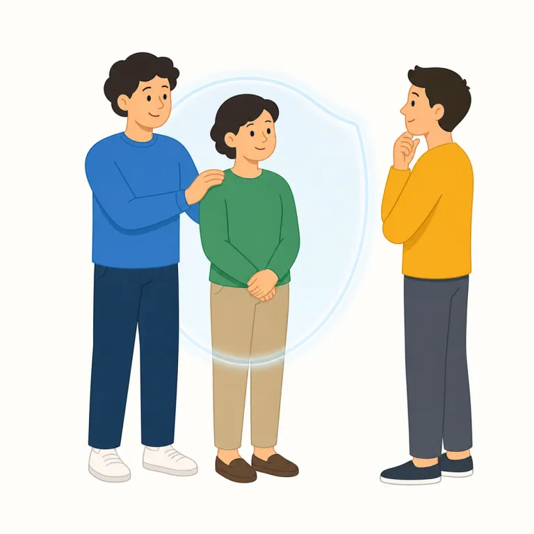 vouch for（保証する・句動詞）の覚え方イラスト — vouch for は「自分の信用をかけて、その人・物は大丈夫だと言う」と覚えると残りやすいです