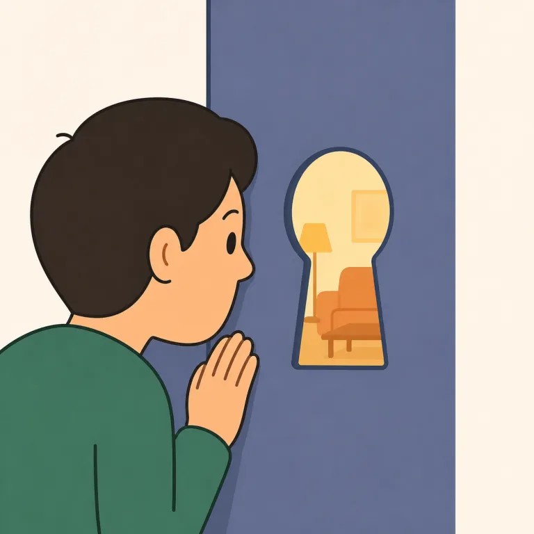 voyeur（覗き見趣味の人・名詞）の覚え方イラスト — view, review, vision など「見る」系の英単語と同じ仲間だと置くと覚えやすいです