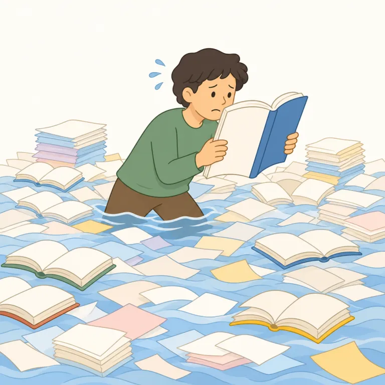 wade through（苦労して読む・句動詞）の覚え方イラスト — `through` が「最後まで通して」、`wade` は水やぬかるみを重く進む感じを持つので、`wade through` は「スイスイ読む」ではなく、重たいものを…