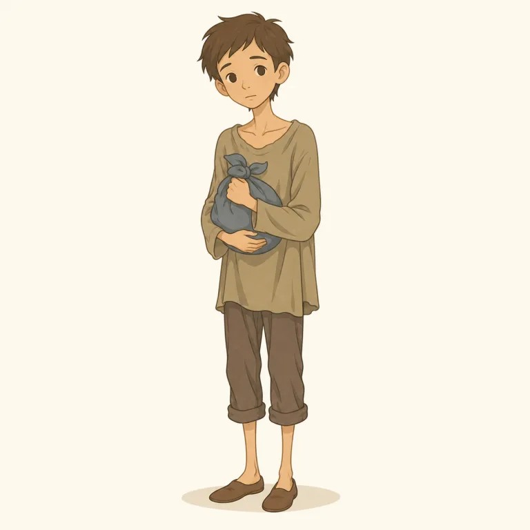 waif（浮浪児、家なき子・名詞）の覚え方イラスト — このエントリの waif は、見た目が細い人という基本義ではなく、「家や保護者がなく、町をさまよう子ども」という古風で文学的な名詞として覚えます