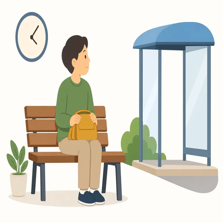 wait for（待つ・句動詞）の覚え方イラスト — wait だけでも「待つ」だが、wait for は「何か・誰かが来るまで待つ」と、待ち相手を後ろに明示する形で覚えると定着しやすい