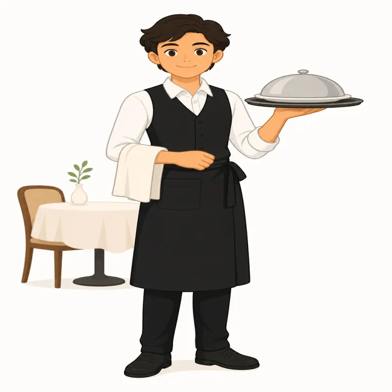 waiter（ウェイター・名詞）の覚え方イラスト — この項目は waiter の「給仕」という基本義とは別に、外来語としての「ウェイター」という日本語訳を答える項目です