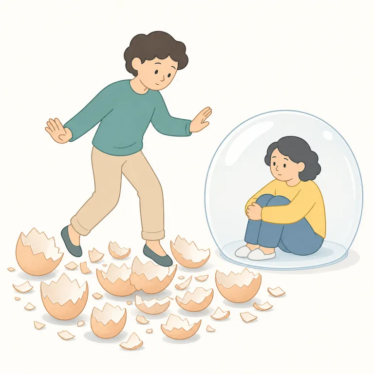 walk on eggshells（気を遣う・イディオム）の覚え方イラスト — 直訳の絵をそのまま覚えると強い表現です