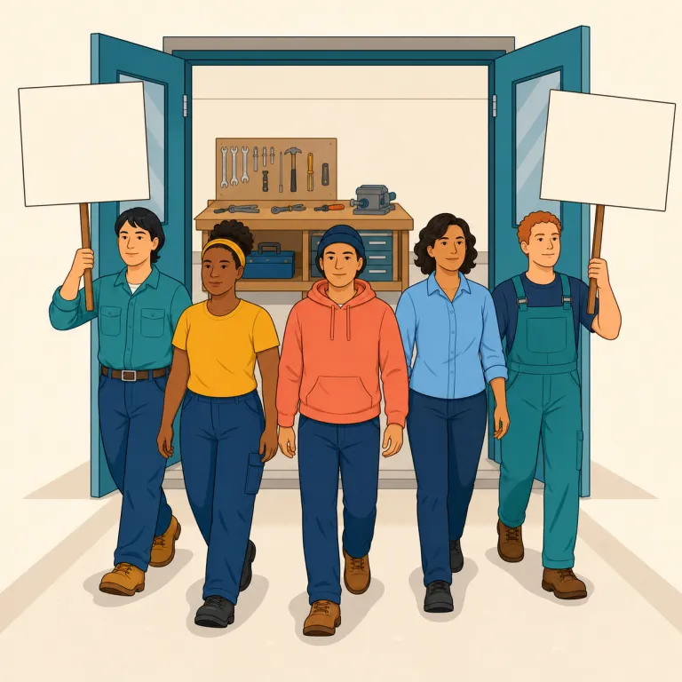 walkout（ストライキ・名詞）の覚え方イラスト — まず句動詞 walk out「途中で立ち去る」を思い出すと覚えやすいです
