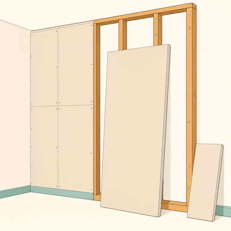 wallboard（壁板・名詞）の覚え方イラスト — wall「壁」＋board「板」という透明な構成なので、「壁を作るための板状建材」と覚えると定着しやすい語です