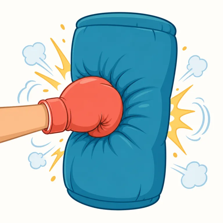 wallop（強烈な一撃・名詞）の覚え方イラスト — hit や punch よりも、wallop は『ドンと効く一発』という口語的で荒っぽい強さで覚えると残りやすい