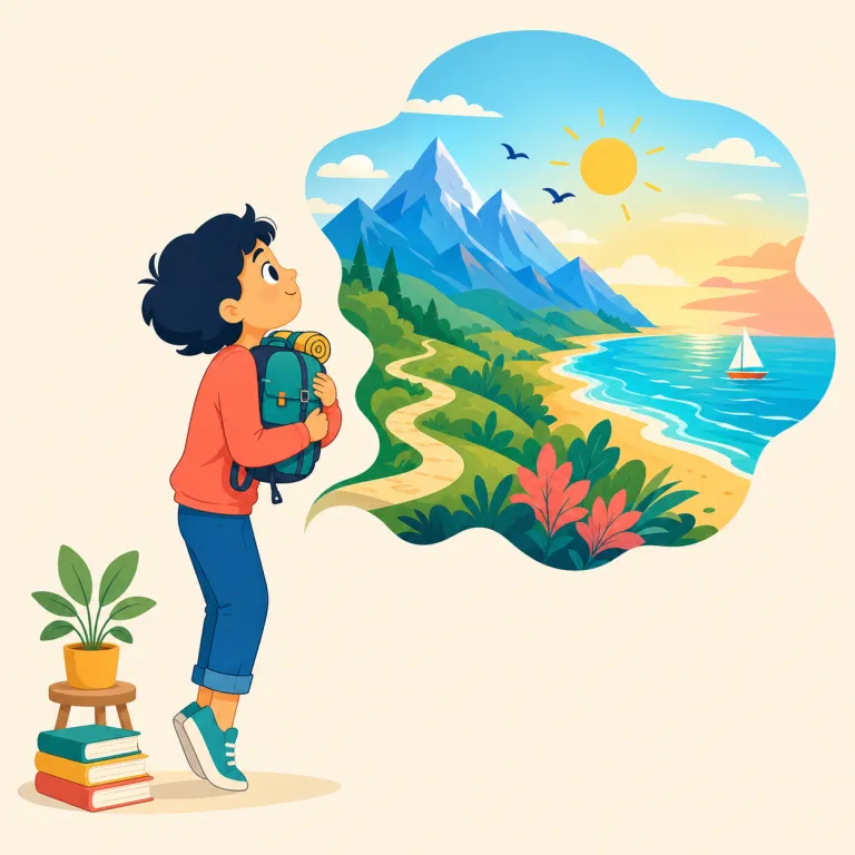 wanderlust（旅への強い憧れ・名詞）の覚え方イラスト — wander を知っていれば核は「目的地を固定せず、あちこち歩き回る」感覚
