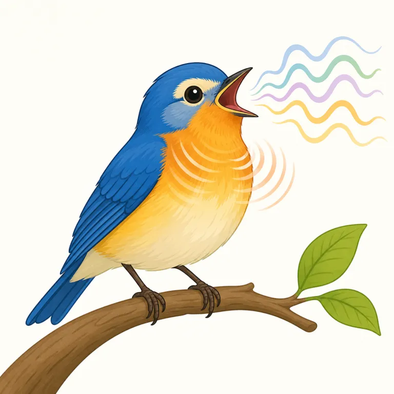 warble（さえずる・動詞）の覚え方イラスト — warble を動詞で覚えるときは、bird が「ワルワル…」と声を転がし、1本の線ではなく小さな波を作って鳴く場面を思い浮かべます