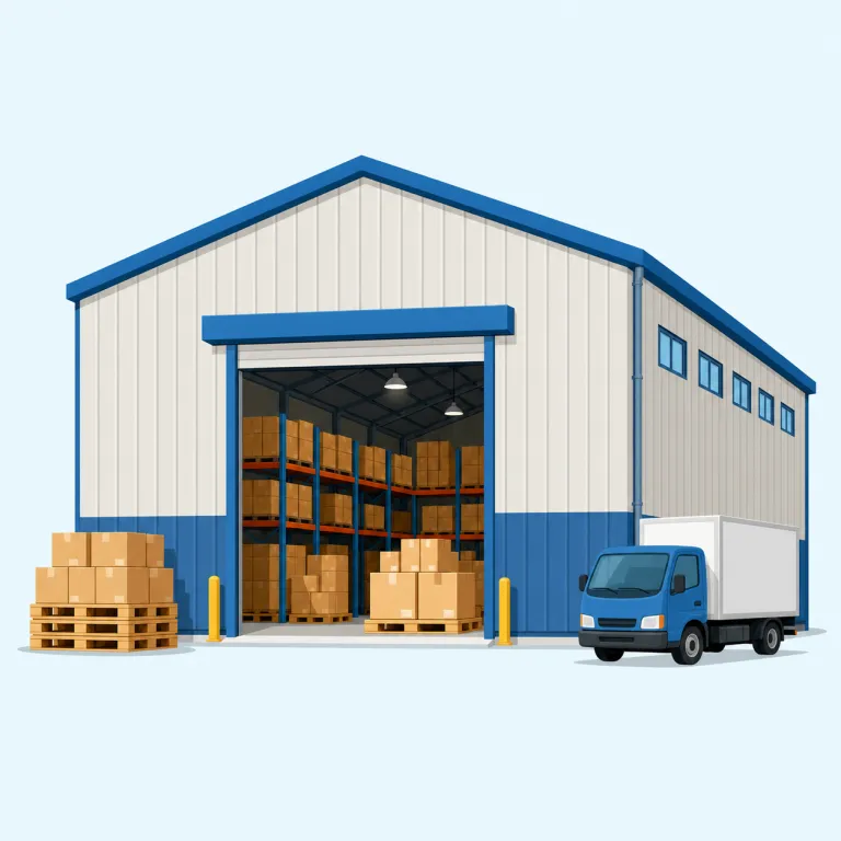 warehouse（倉庫・名詞）の覚え方イラスト — house が「家」なのはすぐ分かるので、warehouse はまず「ware を置く house」と分解して覚えると定着しやすいです