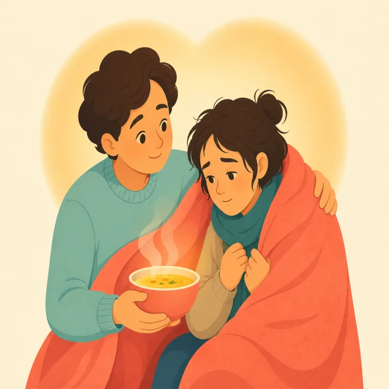 warm-hearted（心優しい・形容詞）の覚え方イラスト — warm「温かい」＋heart「心」から、「心が温かい＝心優しい」とそのまま結び付けると覚えやすい語です