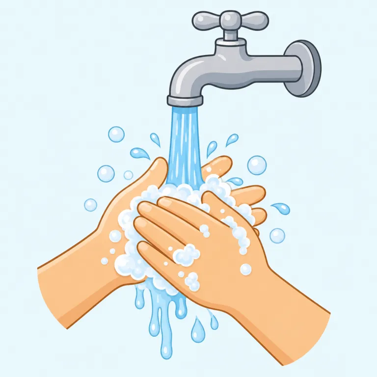 wash（洗う・動詞）の覚え方イラスト — wash は「水を使って汚れを外へ流す」動きを思い浮かべると覚えやすいです