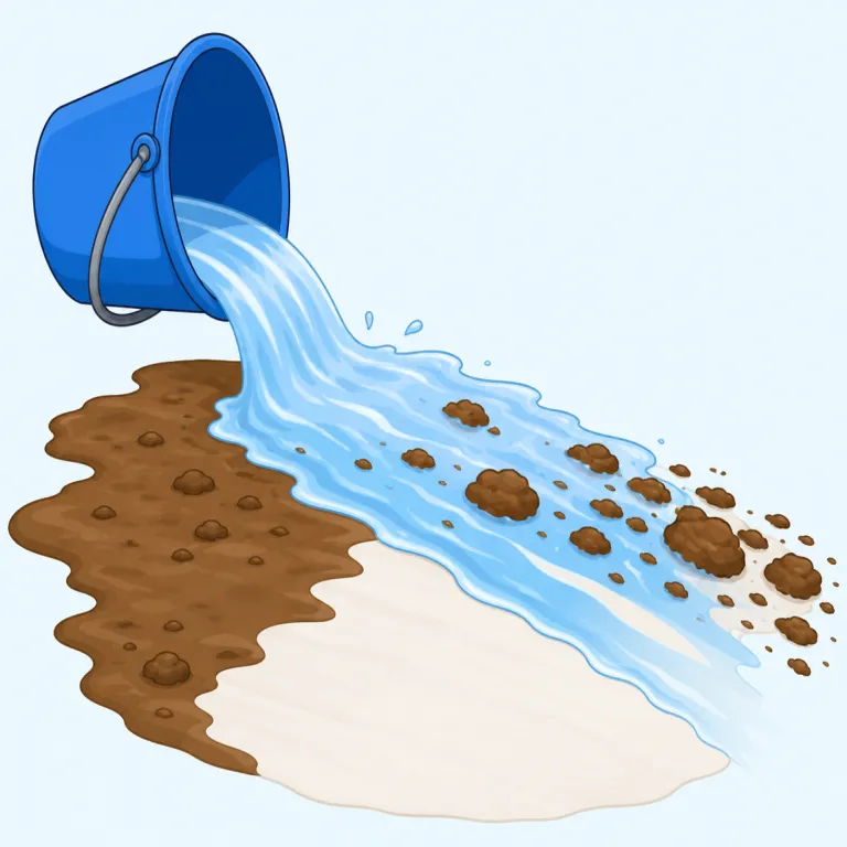 wash away（洗い流す・句動詞）の覚え方イラスト — wash away は、wash「洗う」に away「離れて消える」が加わり、水で汚れや跡をすっかり取り除く感覚になります