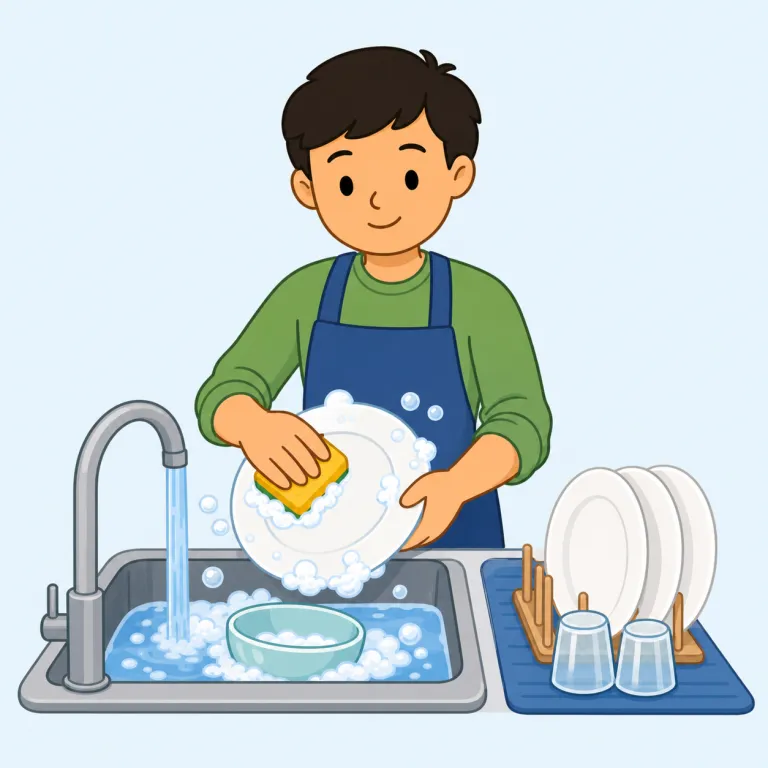 wash up（洗う・句動詞）の覚え方イラスト — wash は「洗う」、up は「すっかり・きれいに」の感覚を足すと考えると、wash up は「洗ってきれいにする」と覚えやすいです