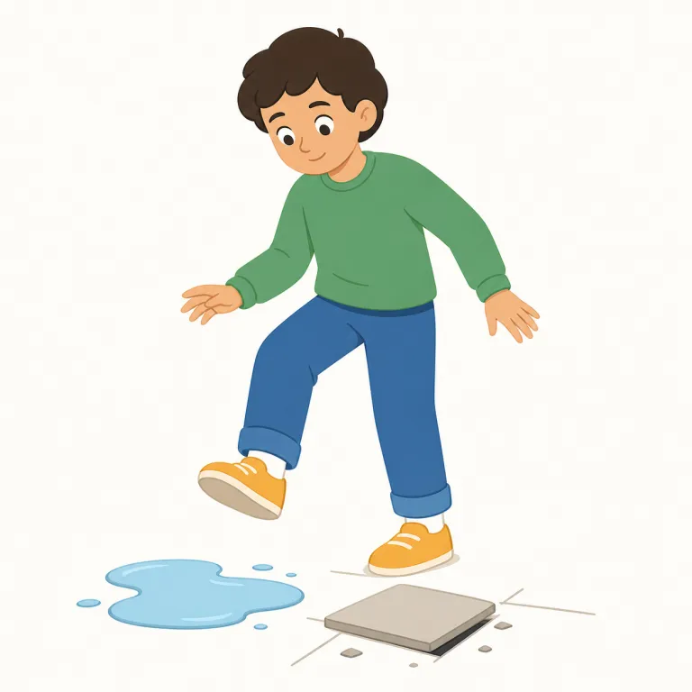 watch one's step（足元に気をつける・イディオム）の覚え方イラスト — watch は「じっと見て注意する」、step は「一歩・足取り」です