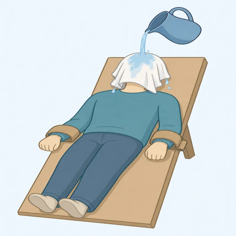 waterboarding（水責め・名詞）の覚え方イラスト — water と board が見えたら、「板に固定された相手に水を使い、溺れる感覚を与える場面」を一枚絵で思い浮かべると定着しやすい