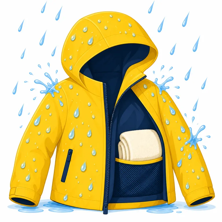 waterproof（防水の・形容詞）の覚え方イラスト — `waterproof` の形容詞は、物がすでに「水に負けない仕様」になっていることを示します