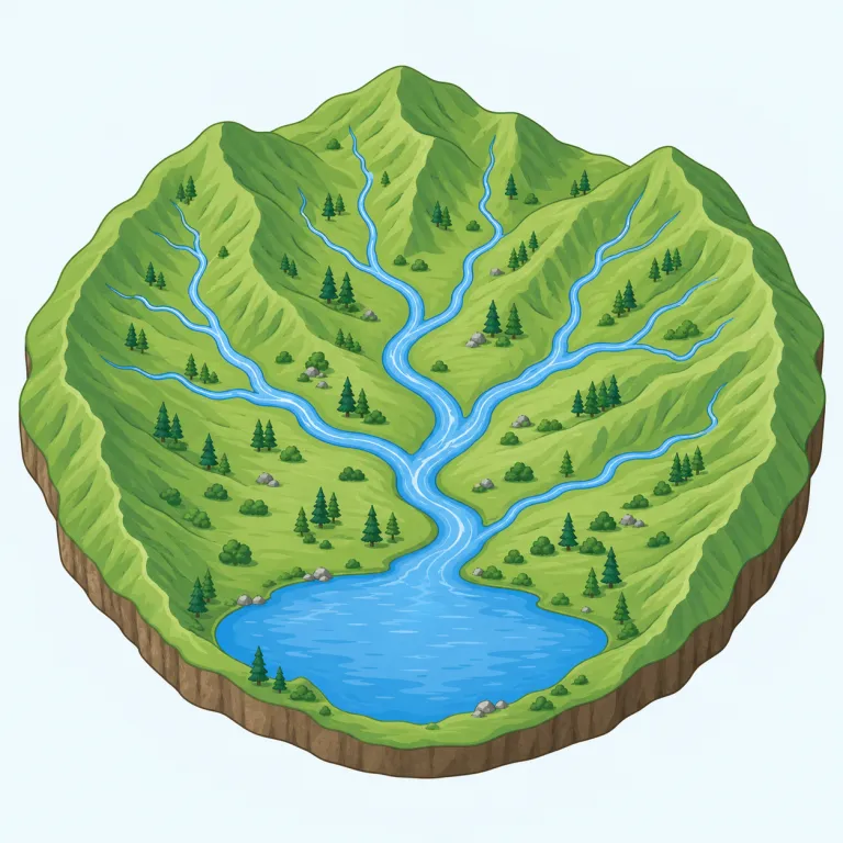watershed（流域、集水域・noun）の覚え方イラスト