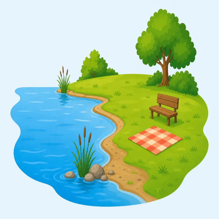 waterside（水辺・名詞）の覚え方イラスト — water と side にそのまま分けて覚えるのが最短です