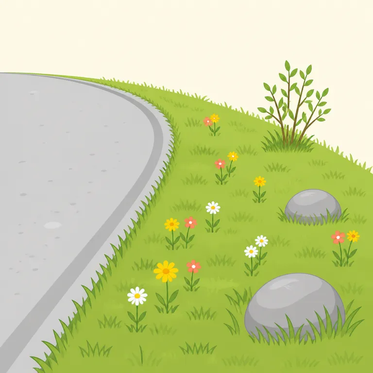 wayside（道端・名詞）の覚え方イラスト — `way`（道）と`side`（わき）が見えれば、まず「道のわき」とそのまま取れるので覚えやすい語です