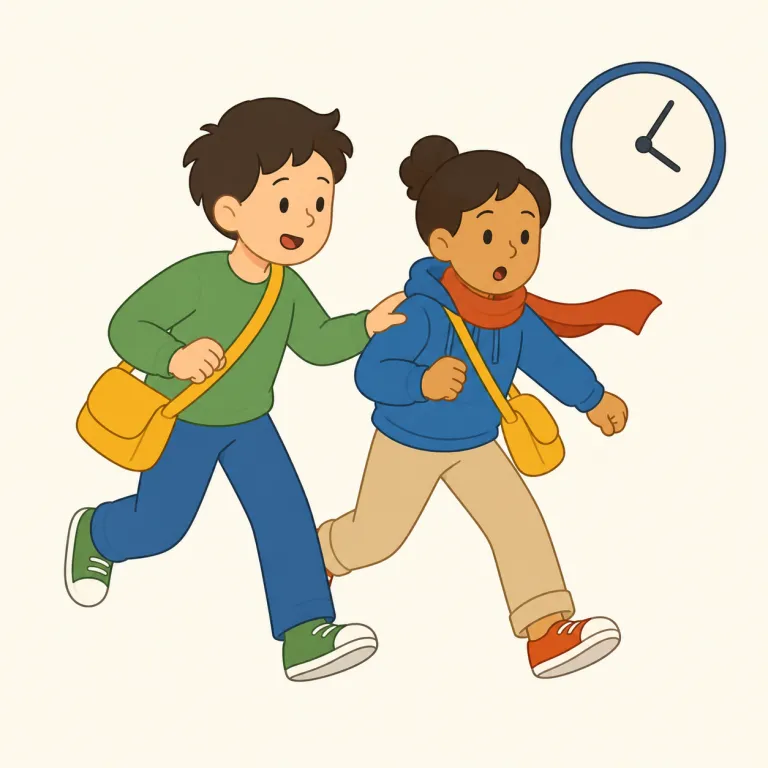 we should hurry（急ぎましょう）の覚え方イラスト — "we" が入るので、「あなたが急いで」ではなく「私たちで急ごう」と相手を巻き込む表現だと覚えると残りやすいです