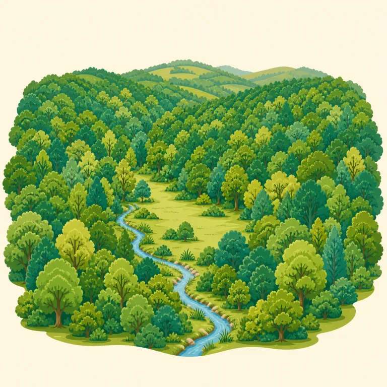 weald（森林地帯・名詞）の覚え方イラスト — woodlandやforestを知っているなら、wealdは「木に覆われた土地」を表す、やや文語的で地理っぽい語として束で覚えると残りやすいです