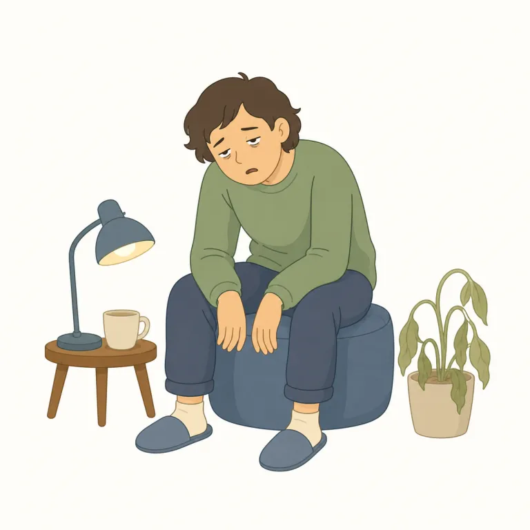 wearied（疲れた・形容詞）の覚え方イラスト — wearied は weary「疲れた、ぐったりした」に -ed が付いた形で、長旅・重労働・長引く困難のあとに体力や気力がすっかり削られた状態を表します