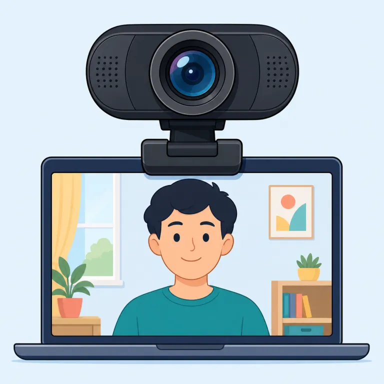 webcam（ウェブカメラ・名詞）の覚え方イラスト — web は World Wide Web の「ウェブ」、cam は camera を短くした形です
