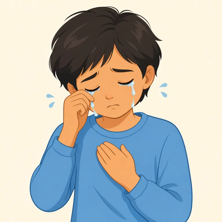 weep（泣く・動詞）の覚え方イラスト — weep は cry よりも文学的で、悲しみに耐えながら涙を流す場面に合う
