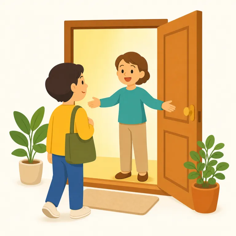 welcome（ようこそ・間投詞）の覚え方イラスト — Welcome! は「来てくれてうれしい」という入口の札を声にした表現、とイメージすると定着しやすいです
