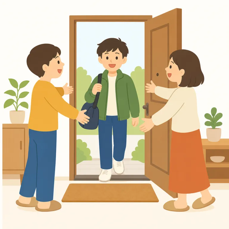 welcome back（おかえりなさい、お帰りなさい・イディオム）の覚え方イラスト — welcome back は、日本語の「おかえりなさい」に対応する決まり文句として覚えます