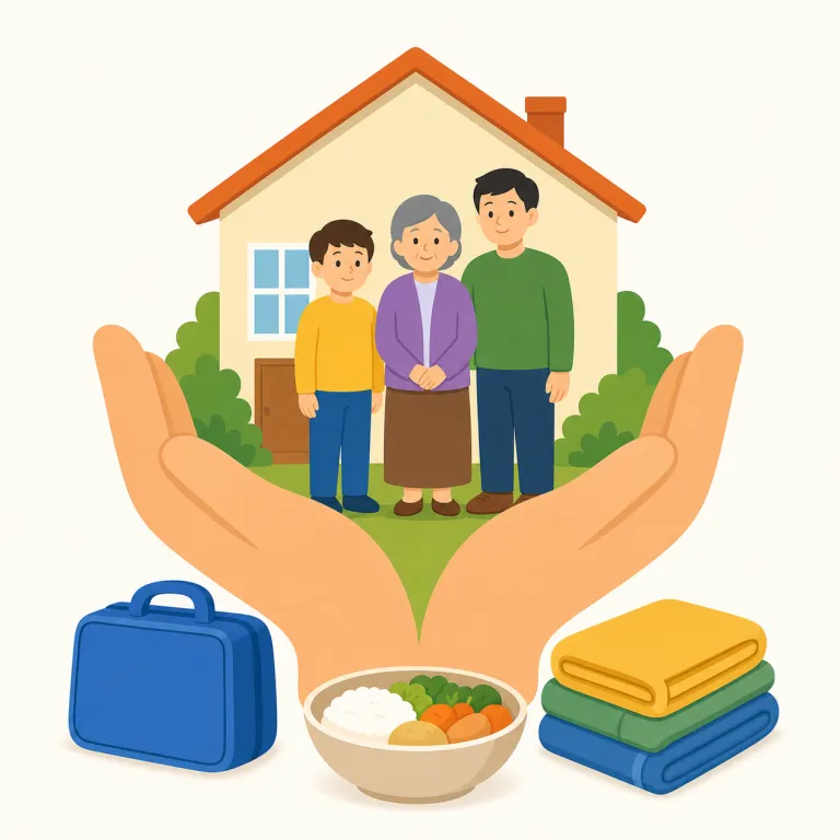 welfare（福祉／福祉制度・名詞）の覚え方イラスト — この welfare は「幸福」という状態そのものではなく、生活に困る人を社会が支える仕組みとしての「福祉・福祉制度」を指します