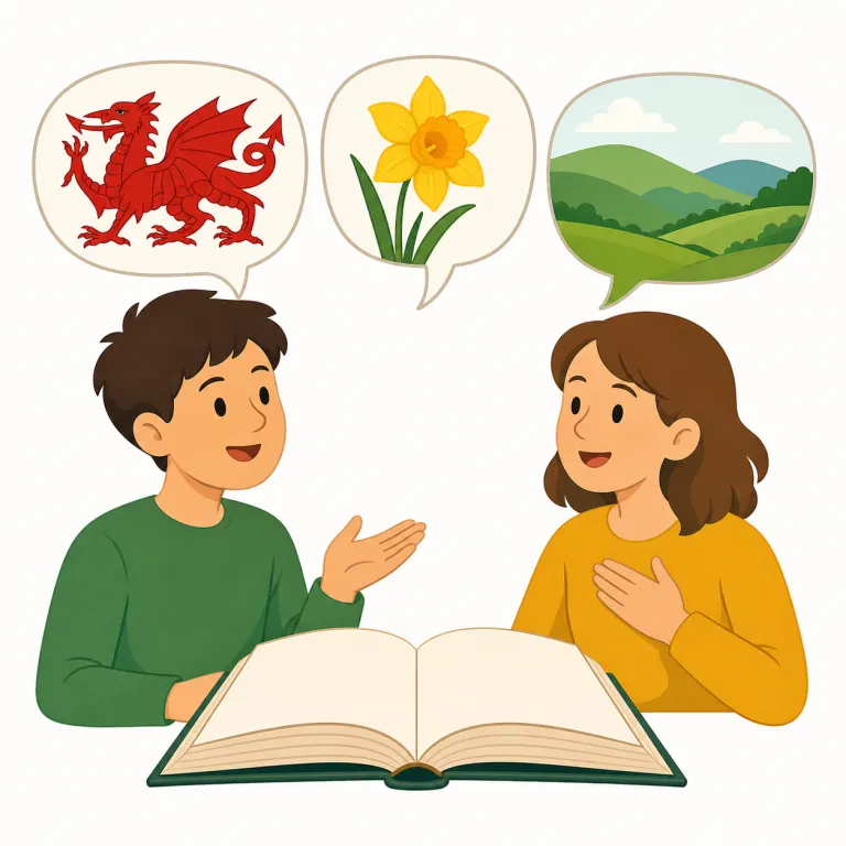 welsh（ウェールズの・形容詞）の覚え方イラスト — Welsh は Wales +「〜の」と考え、地図上のウェールズにピンを立てて、その周囲に旗・議会・合唱・ラグビーを並べる絵で覚える
