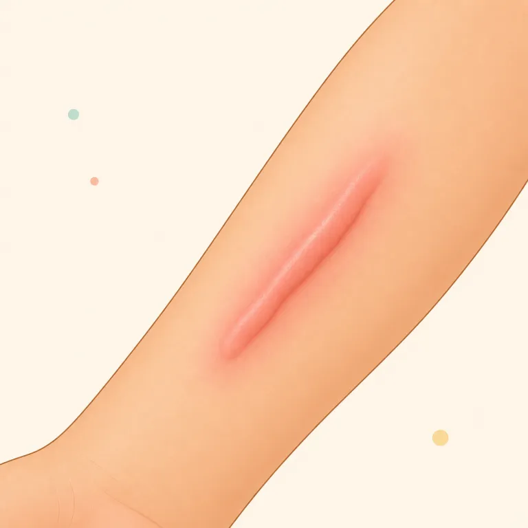 welt（みみず腫れ・名詞）の覚え方イラスト — welt は「皮膚の上にできる盛り上がった帯・線」をイメージすると覚えやすい語です