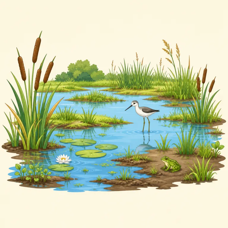 wetland（湿地・名詞）の覚え方イラスト — wet（湿った）+ land（土地）で、「水分を多く含む土地＝湿地」と覚えます