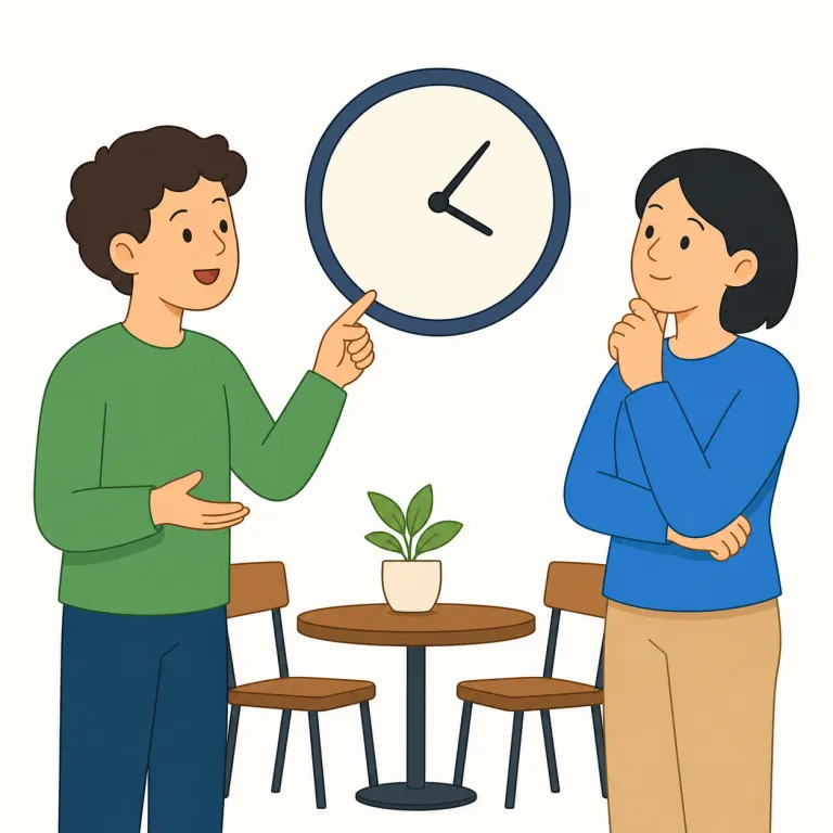 what time should we meet（何時に会いましょうか）の覚え方イラスト — what time をひとかたまりで「何時」と覚え、should we meet を直訳の「私たちは会うべき？」ではなく、予定調整でよく使うや…