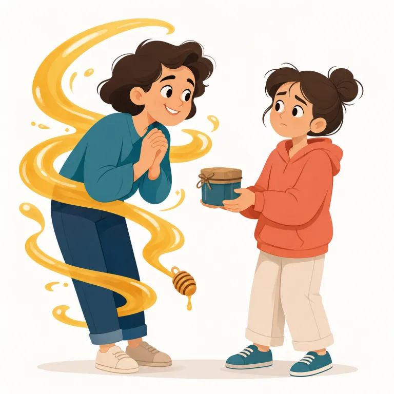 wheedle（言いくるめる・動詞）の覚え方イラスト — wheedle は「論理で persuade する」より、「お世辞・機嫌取り」で相手を動かす語