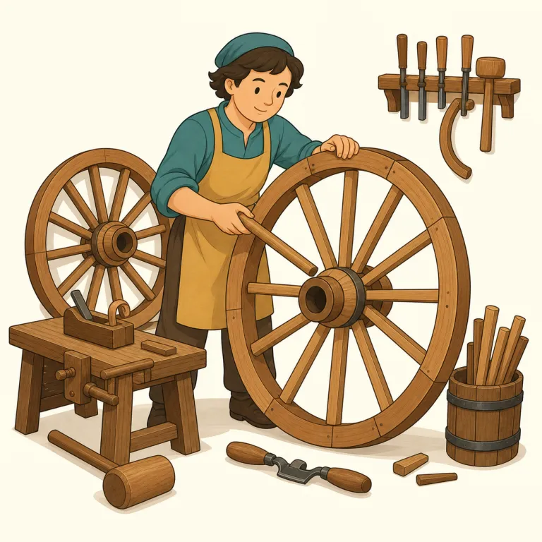 wheelwright（車大工・名詞）の覚え方イラスト — まず wheel が見えれば「車輪」