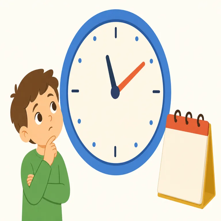 when（いつ・副詞）の覚え方イラスト — 副詞の when は、カレンダーや時計に指を置いて「どの時点？」と聞く語として覚える