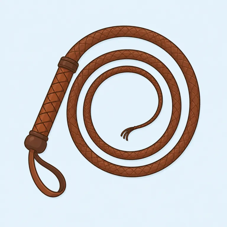 whip（鞭・名詞）の覚え方イラスト — 名詞の whip は、手元は握れても先へ行くほど細く柔らかくなり、振ると空気を切って crack する道具として記憶すると定着します