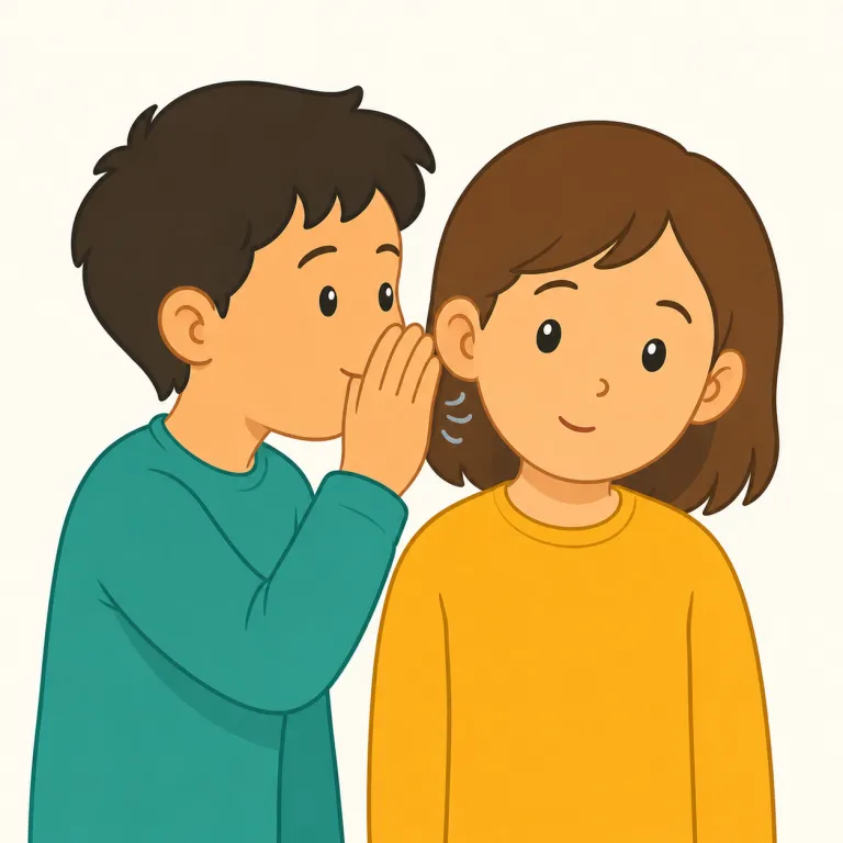whisper（ささやく・動詞）の覚え方イラスト — 動詞の whisper は、声を出さない silence ではなく、声を細くして届ける行為です