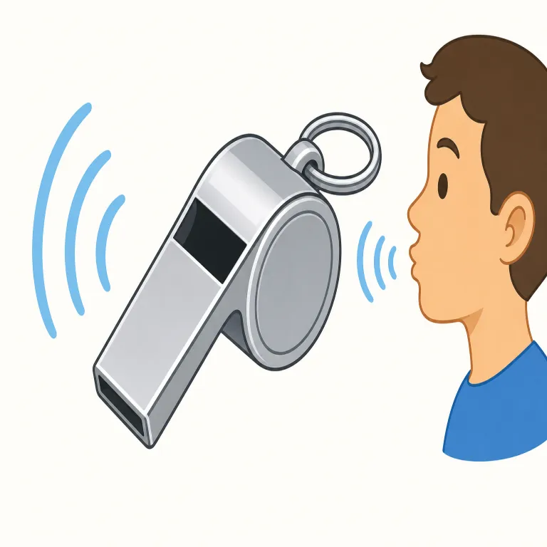 whistle（笛、口笛、ヒューという音・名詞）の覚え方イラスト — 名詞の whistle は、まず「注意を向けさせる鋭い音」として覚えると整理しやすい語です